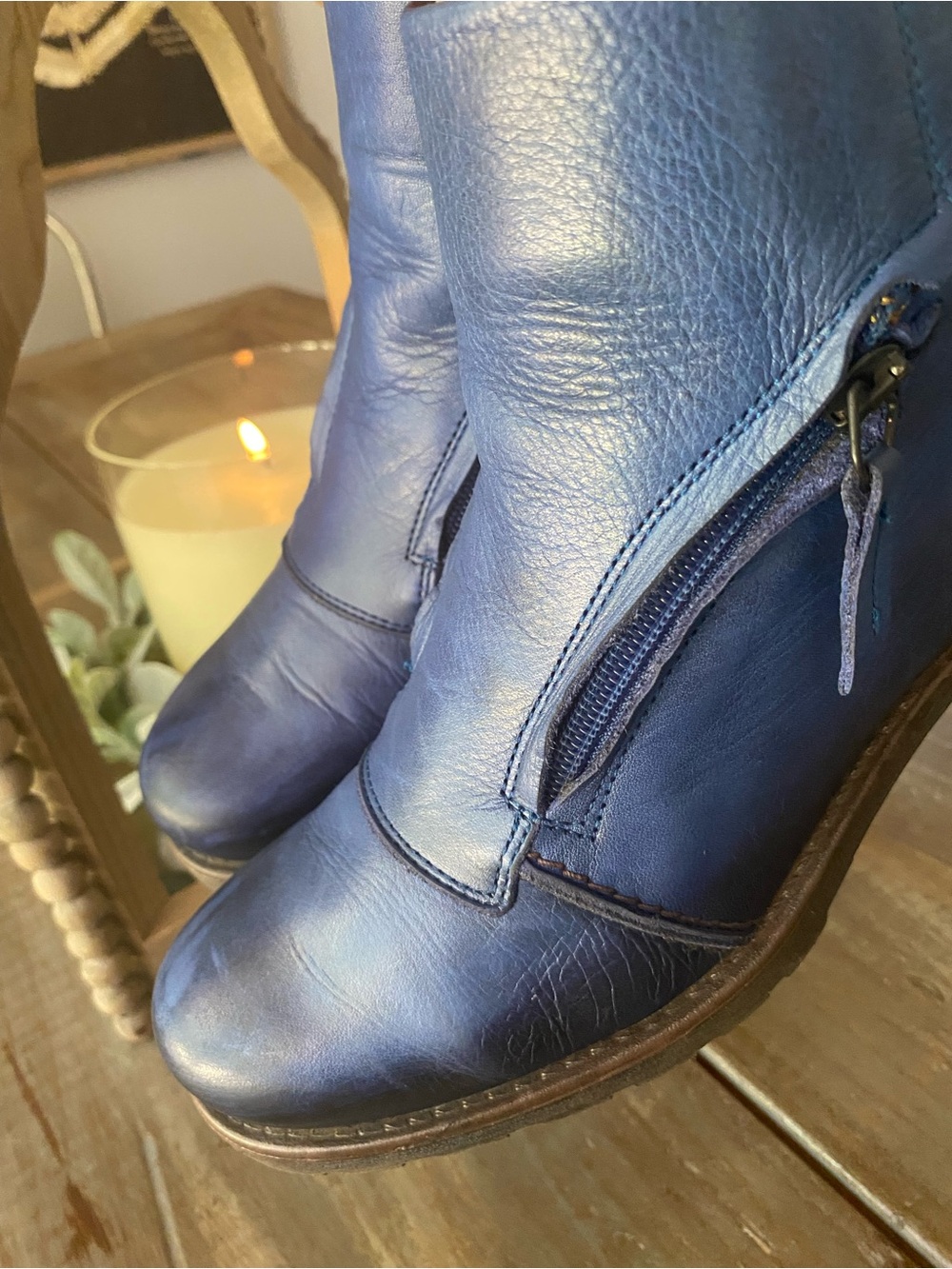 Jafa Leather Handmade Zip-Front Moto Combat Ankle Boots Womens 38 US 7-7.5 Blue - Picture 7 of 16